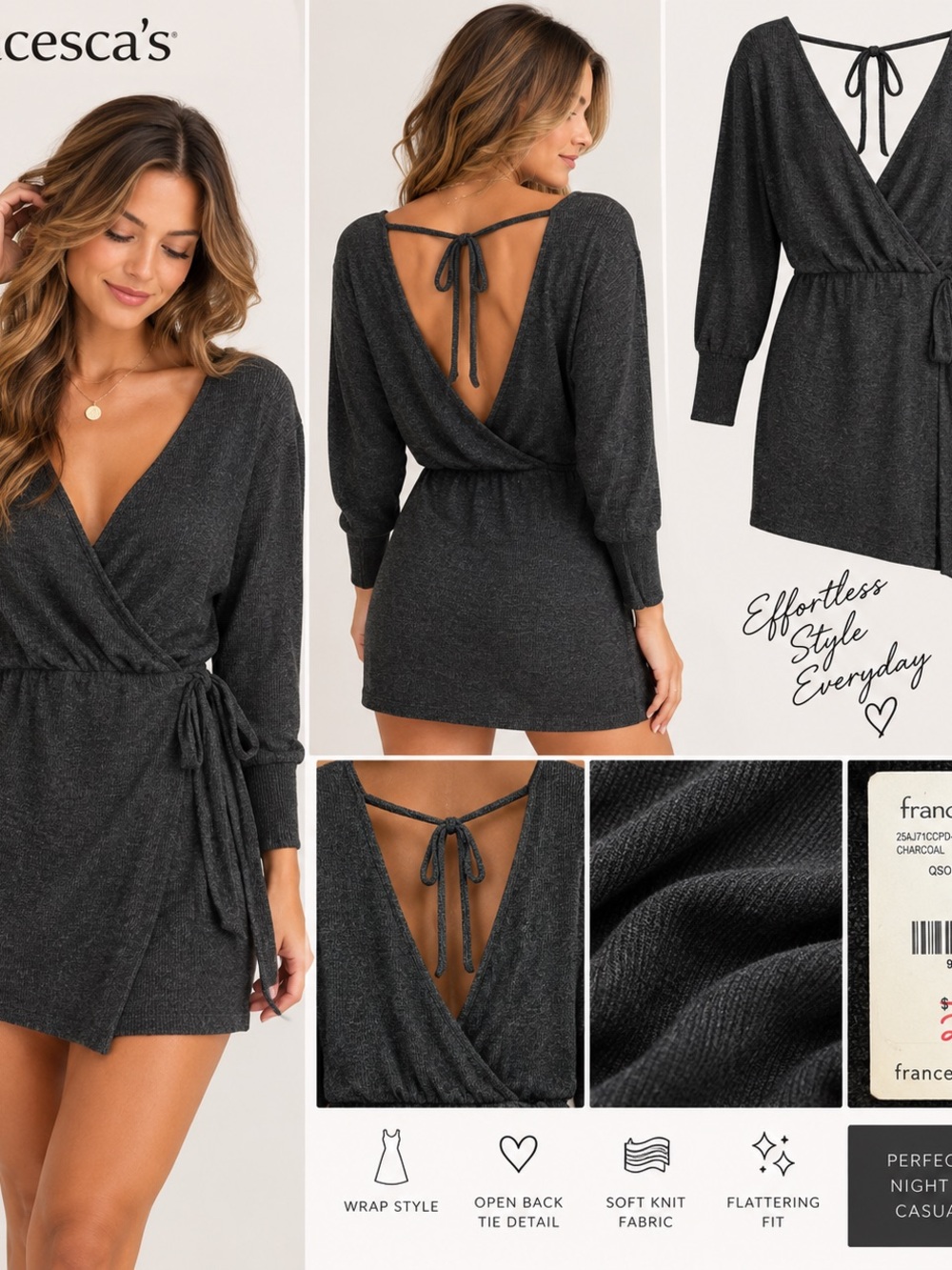 Francesca's Collections Charcoal Open-Back Wrap Mini Dress